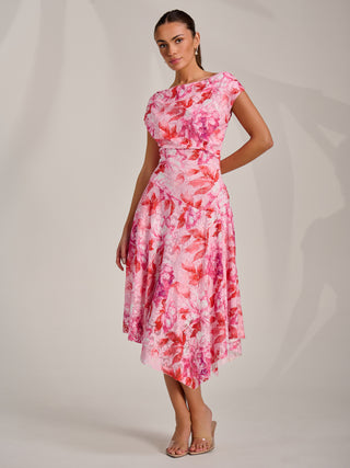 Asymmetric Printed Lace Draped Dress, Pink Floral