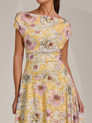 Asymmetric Printed Lace Draped Dress, Yellow Floral