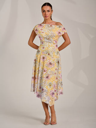 Asymmetric Printed Lace Draped Dress, Yellow Floral