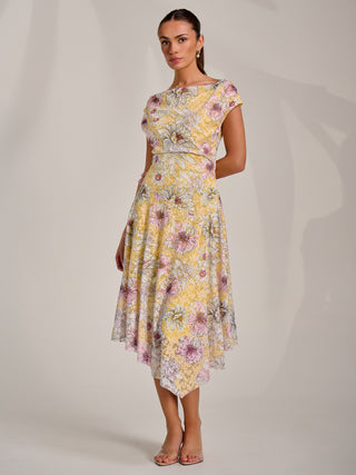 Asymmetric Printed Lace Draped Dress, Yellow Floral