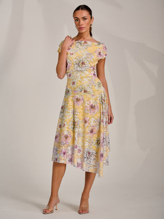 Asymmetric Printed Lace Draped Dress, Yellow Floral
