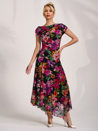 Asymmetric Draped Print Lace Maxi Dress, Floral Multi