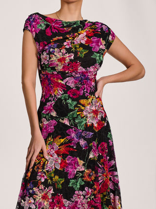 Asymmetric Draped Print Lace Maxi Dress, Floral Multi