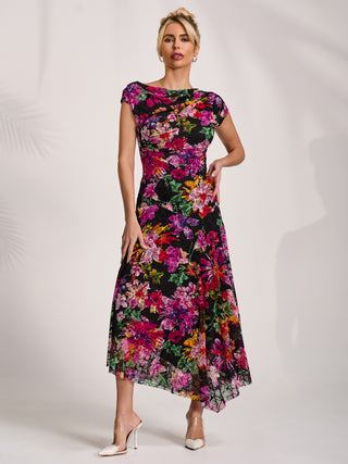 Asymmetric Draped Print Lace Maxi Dress, Floral Multi