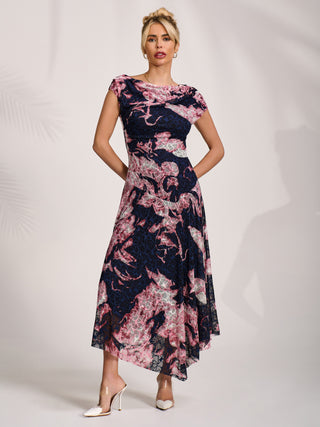 Asymmetric Draped Print Lace Maxi Dress, Pink Abstract