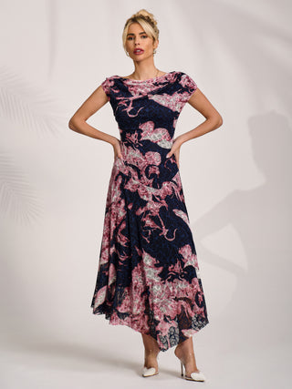 Asymmetric Draped Print Lace Maxi Dress, Pink Abstract