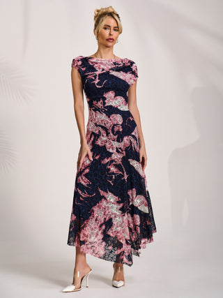Asymmetric Draped Print Lace Maxi Dress, Pink Abstract