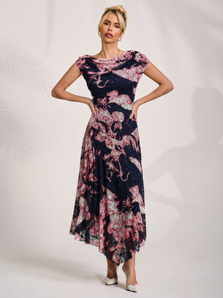 Asymmetric Draped Print Lace Maxi Dress, Pink Abstract
