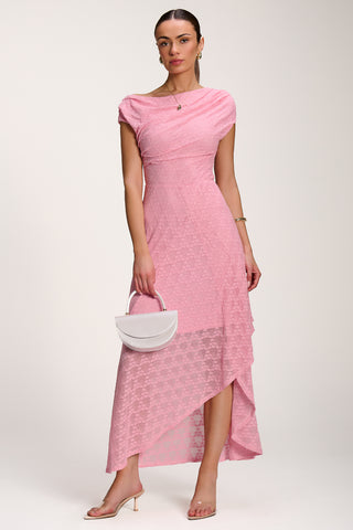 Asymmetric Draped Lace Maxi Dress, Candy Pink