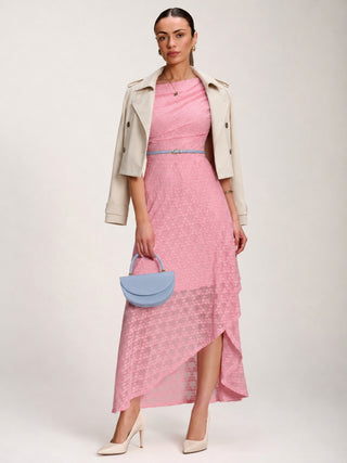 Asymmetric Draped Lace Maxi Dress, Candy Pink