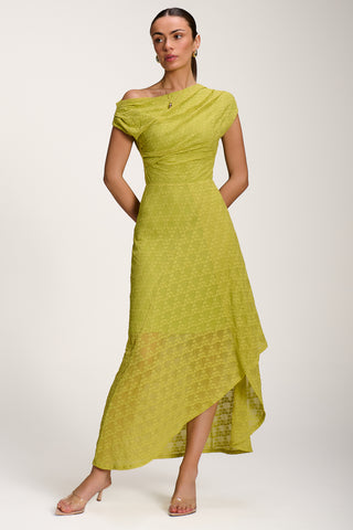 Asymmetric Draped Lace Maxi Dress, Lime Green
