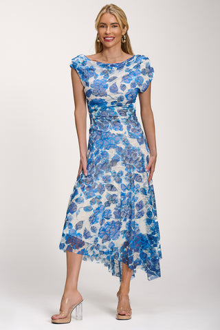 Asymmetric Draped Print Lace Maxi Dress, Blue Floral
