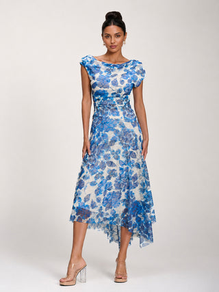 Asymmetric Draped Print Lace Maxi Dress, Blue Floral