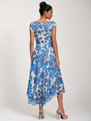 Asymmetric Draped Print Lace Maxi Dress, Blue Floral