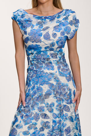 Asymmetric Draped Print Lace Maxi Dress, Blue Floral