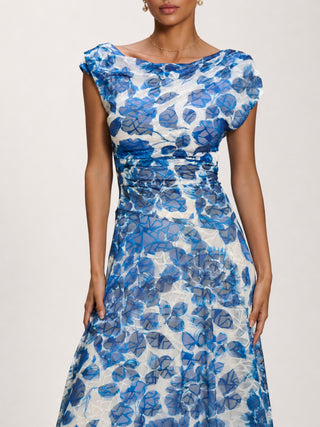 Asymmetric Draped Print Lace Maxi Dress, Blue Floral