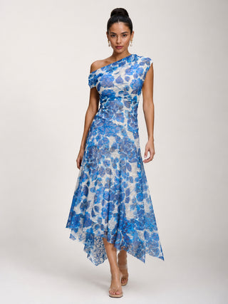Asymmetric Draped Print Lace Maxi Dress, Blue Floral