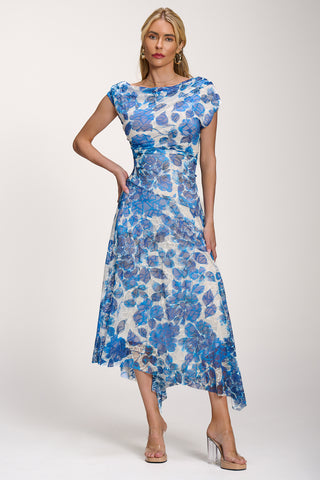 Asymmetric Draped Print Lace Maxi Dress, Blue Floral