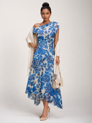 Asymmetric Draped Print Lace Maxi Dress, Blue Floral