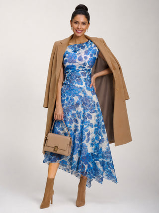 Asymmetric Draped Print Lace Maxi Dress, Blue Floral