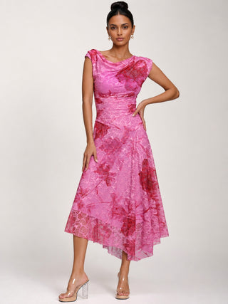 Asymmetric Draped Print Lace Maxi Dress, Pink Floral
