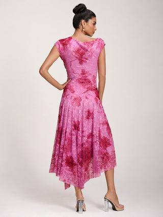 Asymmetric Draped Print Lace Maxi Dress, Pink Floral