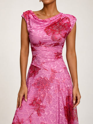 Asymmetric Draped Print Lace Maxi Dress, Pink Floral
