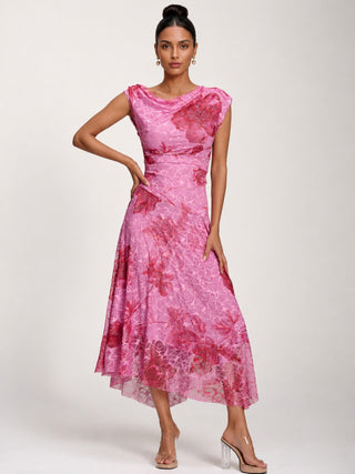 Asymmetric Draped Print Lace Maxi Dress, Pink Floral