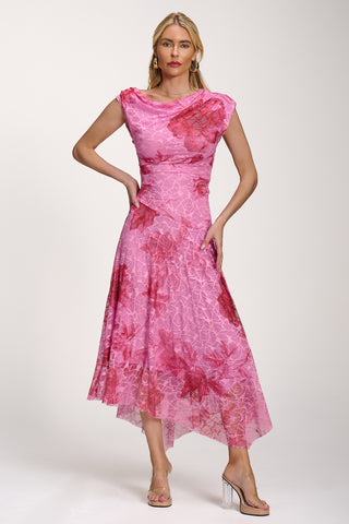 Asymmetric Draped Print Lace Maxi Dress, Pink Floral