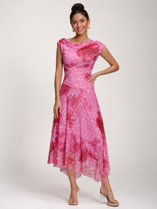 Asymmetric Draped Print Lace Maxi Dress, Pink Floral