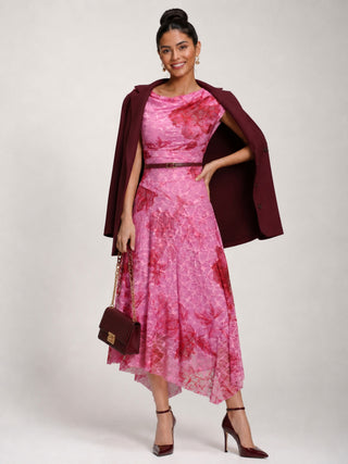 Asymmetric Draped Print Lace Maxi Dress, Pink Floral