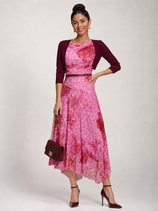 Asymmetric Draped Print Lace Maxi Dress, Pink Floral