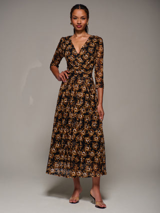 Three Quarter Sleeve Printed Lace Maxi Dress, Black Floral