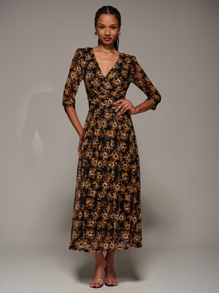 Three Quarter Sleeve Printed Lace Maxi Dress, Black Floral