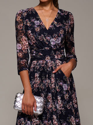 Three Quarter Sleeve Printed Lace Maxi Dress, Navy Floral