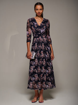 Three Quarter Sleeve Printed Lace Maxi Dress, Navy Floral