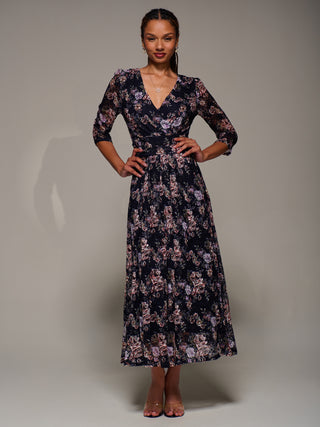 Three Quarter Sleeve Printed Lace Maxi Dress, Navy Floral