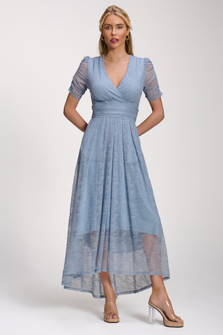 Lace Ruched Sleeve Dip Hem Maxi Dress, Blue Aura Jolie Moi Wholesale Lace Ruched Sleeve Dip Hem Maxi Dress, Blue Aura Jolie Moi Wholesale