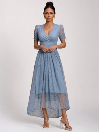 Lace Ruched Sleeve Dip Hem Maxi Dress, Blue Aura