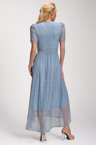 Lace Ruched Sleeve Dip Hem Maxi Dress, Blue Aura