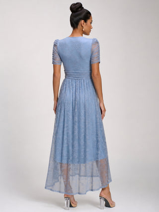 Lace Ruched Sleeve Dip Hem Maxi Dress, Blue Aura