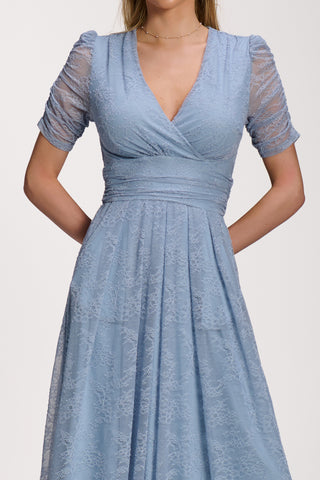 Lace Ruched Sleeve Dip Hem Maxi Dress, Blue Aura