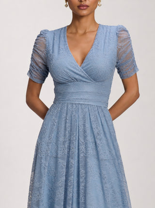 Lace Ruched Sleeve Dip Hem Maxi Dress, Blue Aura