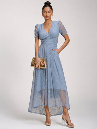 Lace Ruched Sleeve Dip Hem Maxi Dress, Blue Aura