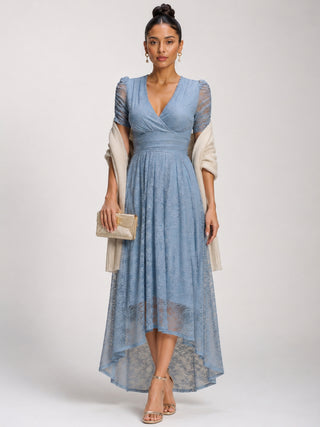 Lace Ruched Sleeve Dip Hem Maxi Dress, Blue Aura