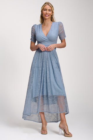 Lace Ruched Sleeve Dip Hem Maxi Dress, Blue Aura