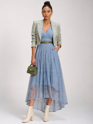 Lace Ruched Sleeve Dip Hem Maxi Dress, Blue Aura