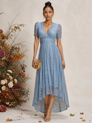 Lace Ruched Sleeve Dip Hem Maxi Dress, Blue Aura
