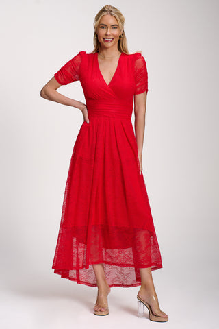 Lace Ruched Sleeve Dip Hem Maxi Dress, Scarlet Red Jolie Moi Wholesale Lace Ruched Sleeve Dip Hem Maxi Dress, Scarlet Red Jolie Moi Wholesale