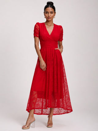 Lace Ruched Sleeve Dip Hem Maxi Dress, Scarlet Red